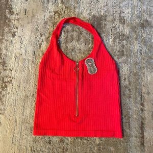 Mid-length red zip up Crop Top